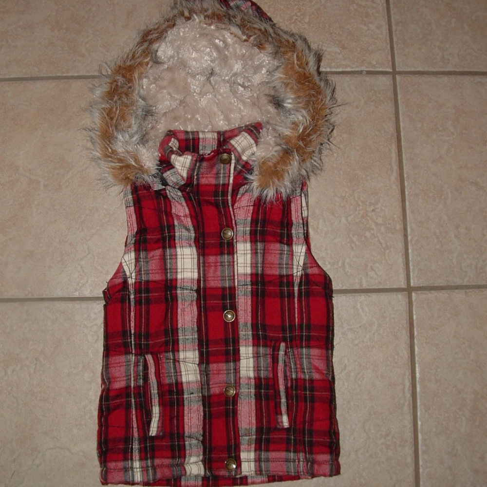 Me Jane Red Plaid Kids Vest with Faux Fur Hood
